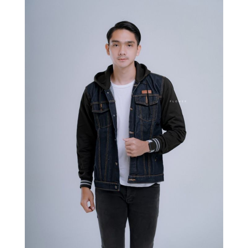 JEANSHOLIC - JAKET JEANS HOODIE PRIA KOMBINASI GARMENT LENGAN HITAM, JAKET JEANS KOMBINASI FLEECE