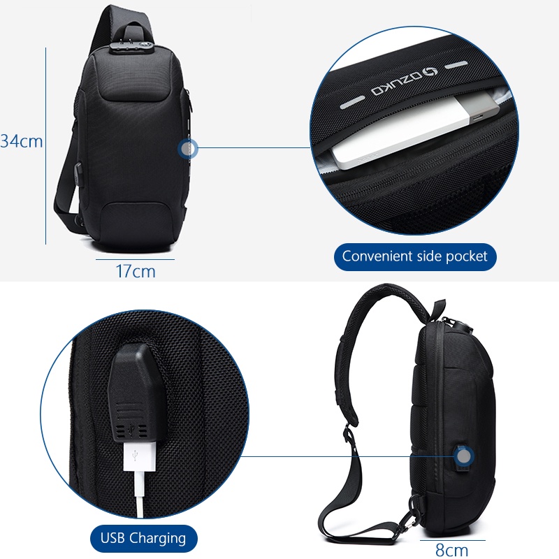 OZUKO Tas Selempang Crossbody Sling Bag Coded Lock with USB Charger Port - 9223