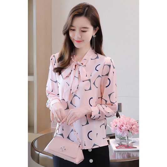 Sifon Merah Muda Hitam Dan Putih Blouse Korean Style Fashion Wanita Atasan Lengan Panjang Blus