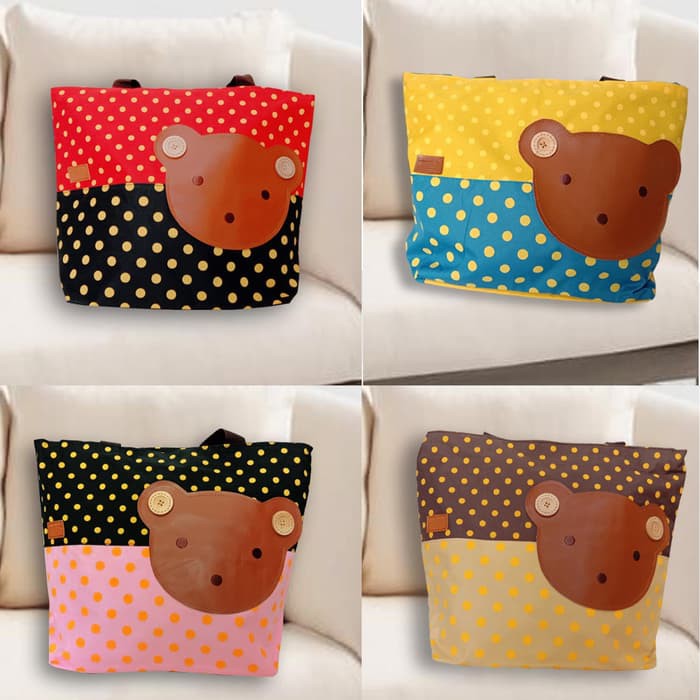 Tas Tote Bag Jinjing Polka Motif Bear Doky