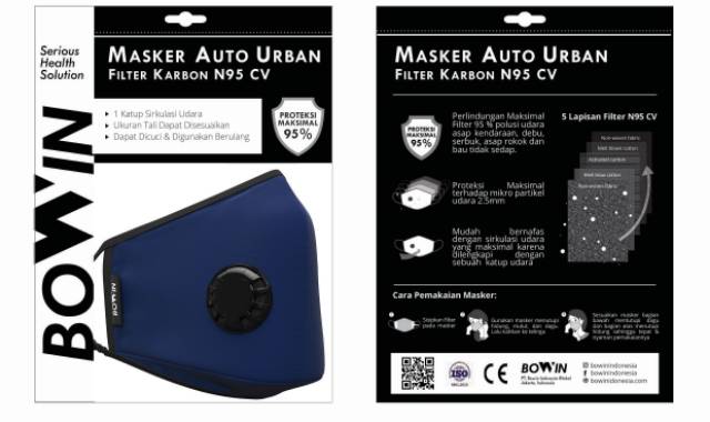 Masker BOWIN N95 CV auto urban masker motor anti polusi dengan filter karbon warna Navy refil N95