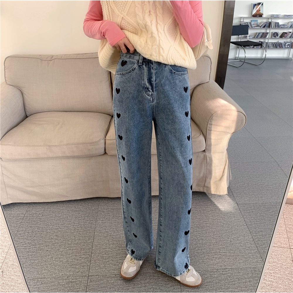 high-waist straight-leg wide-leg jeans celana highwaist wanita /Heart Embroidery Celana Jeans