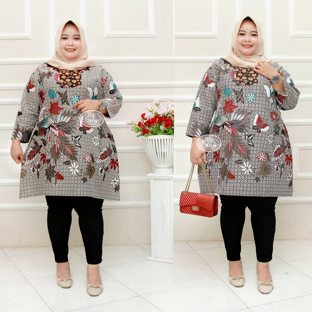 Tunik Batik Wanita Ukuran Jumbo LD 140cm Resleting Belakang Bahan Katun Adem Di Pakai Serap Keingat