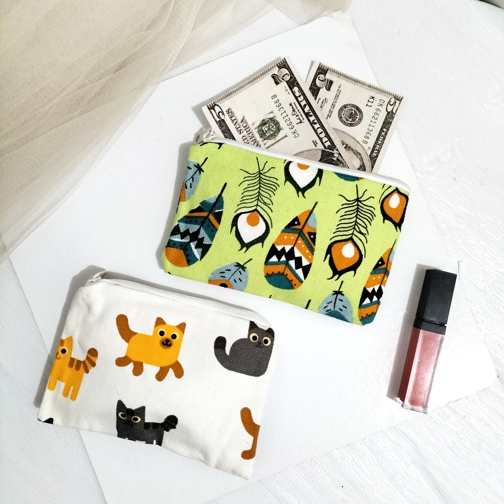 Dompet wanita dompet kain canvas tempat koin dan kartu dompet pembalut