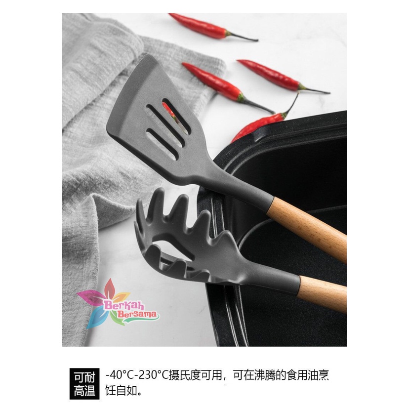 RT82 Kitchen Utensil Silicone wood 12pcs Set Peralatan Dapur Masak Baking Sutil Spatula Sendok Silikon Set Alat Masak 11 in 1 gagang kayu BB6367