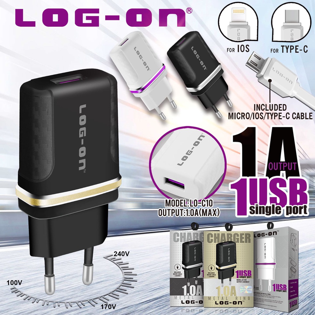 MINIGO LOG ON CHARGER MICRO/ANDROID, IPHONE , TYPE C 1OP 1.0A LO-C10 (SUDAH TERMASUK KABEL 1 METER)