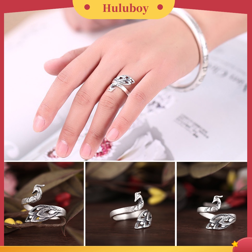 Hu Hu Hu Hu Hu Alat Bantu Pasang Kacamata♡ Cincin Model Terbuka Desain Ukiran Merak Warna Silver Gaya Vintage Untuk Wanita