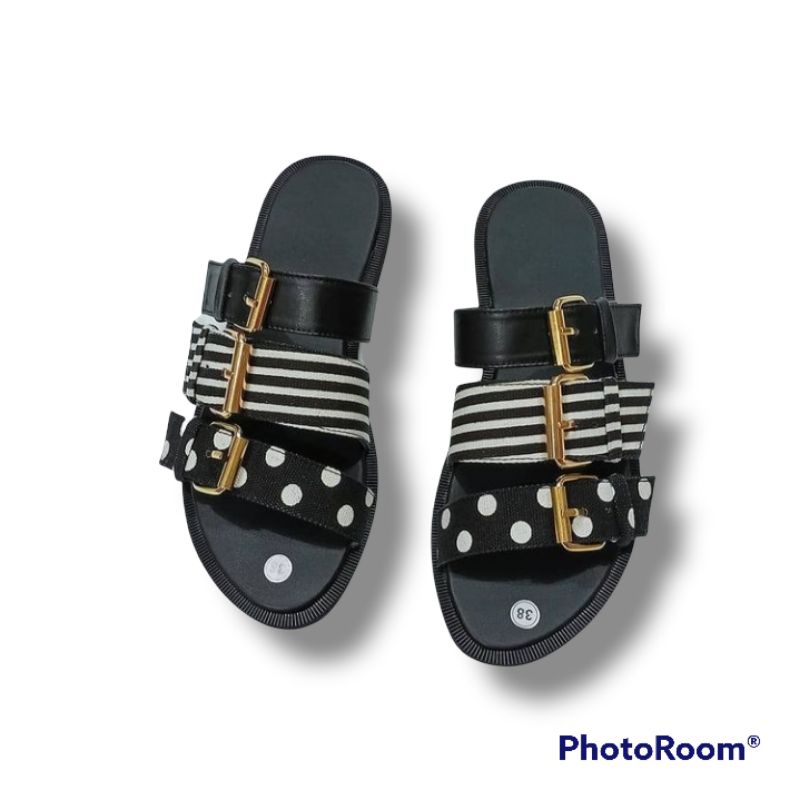 SB~ Sandal Flat Wanita Ban3 Polka Salur Hitam