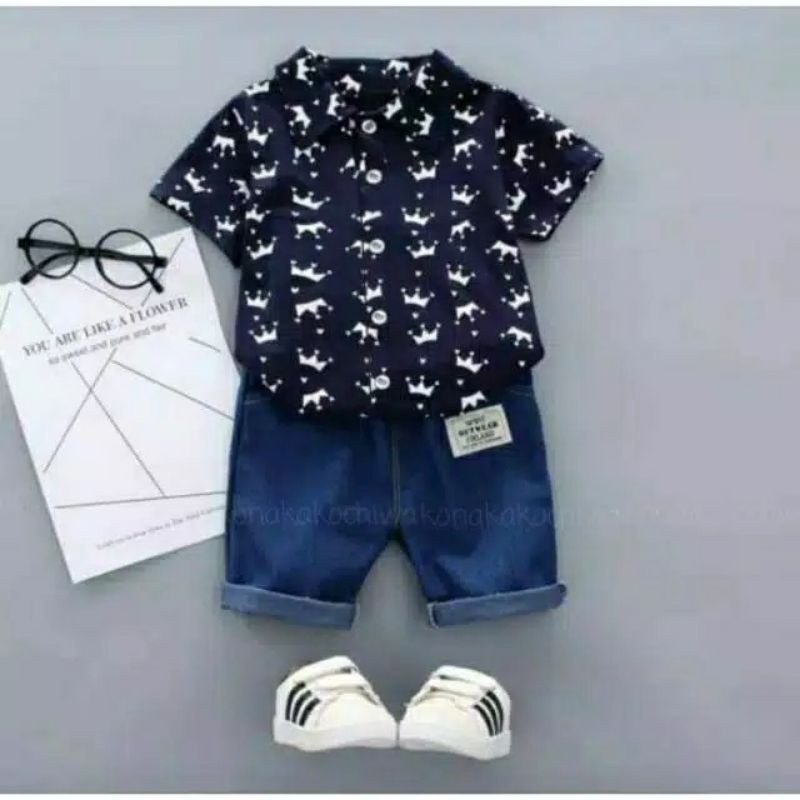 KD ST CACA KS kid crowns setelan kaos T-shirt laki-laki lengan pendek print tulisan+celana casual