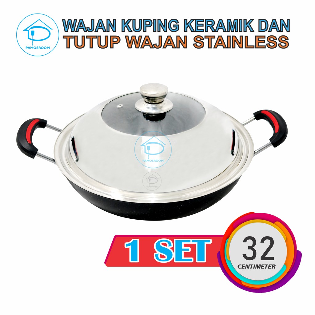 Pamosroom Wajan Keramik Kuping 1 Set + Tutup 32cm Kuali ...