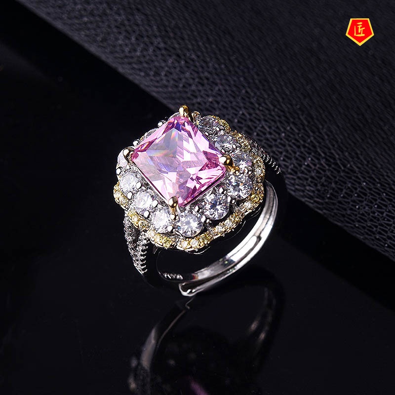 Cincin Kristal Berlian Bentuk Kotak Warna Pink