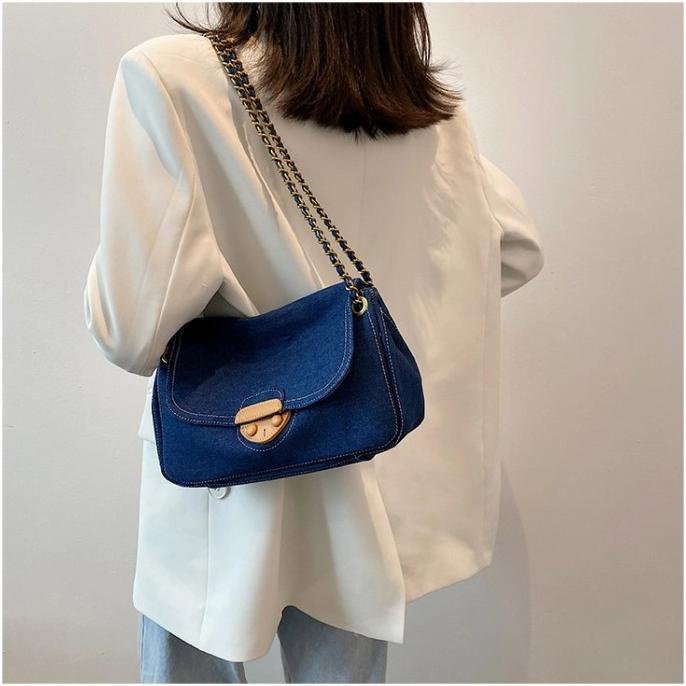 Tas Wanita Murah Selempang Sling Bag Kanvas Denim Jeans Rantai Import