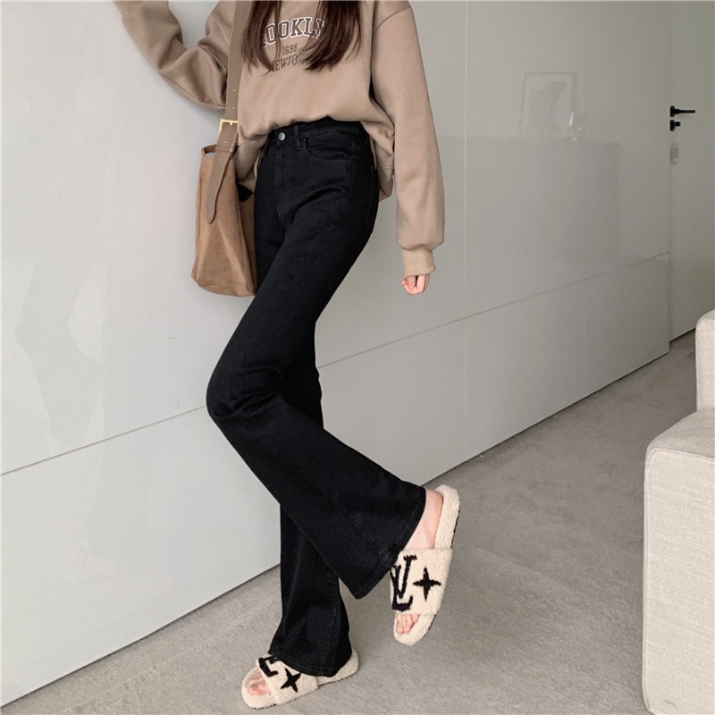 New hitam/coklat high waist cutbray korean style jeans stretch wanita impor