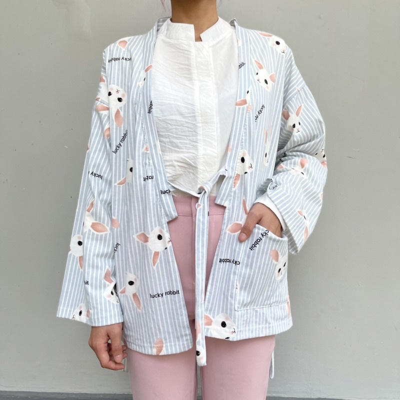 Outer Bergaya Jepang Musim Panas Kasual Kawaii Harajuku Kelinci Rabbit Biru Pastel Import China Jepa