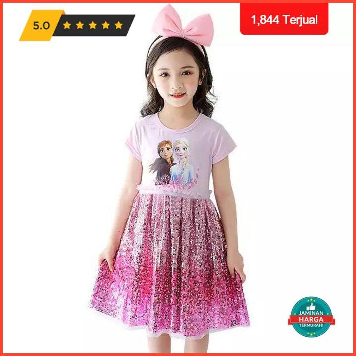 Dress Elsa Anna Frozen Kaos Sequin Import - Biru Muda, 150