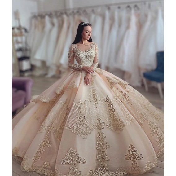 Gaun pengantin Long Sleeve Gold Applique Ball Gown Wedding Dress