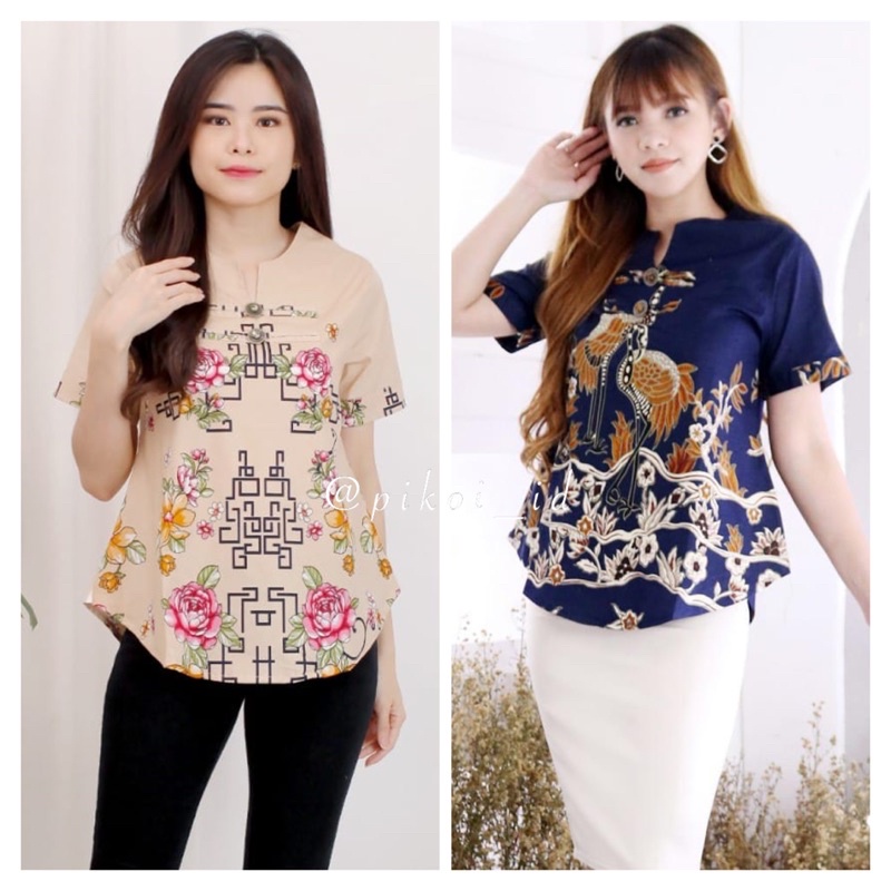 baju batik wanita modern / seragam atasan batik kantor / blouse batik katun lengan pendek murah 020