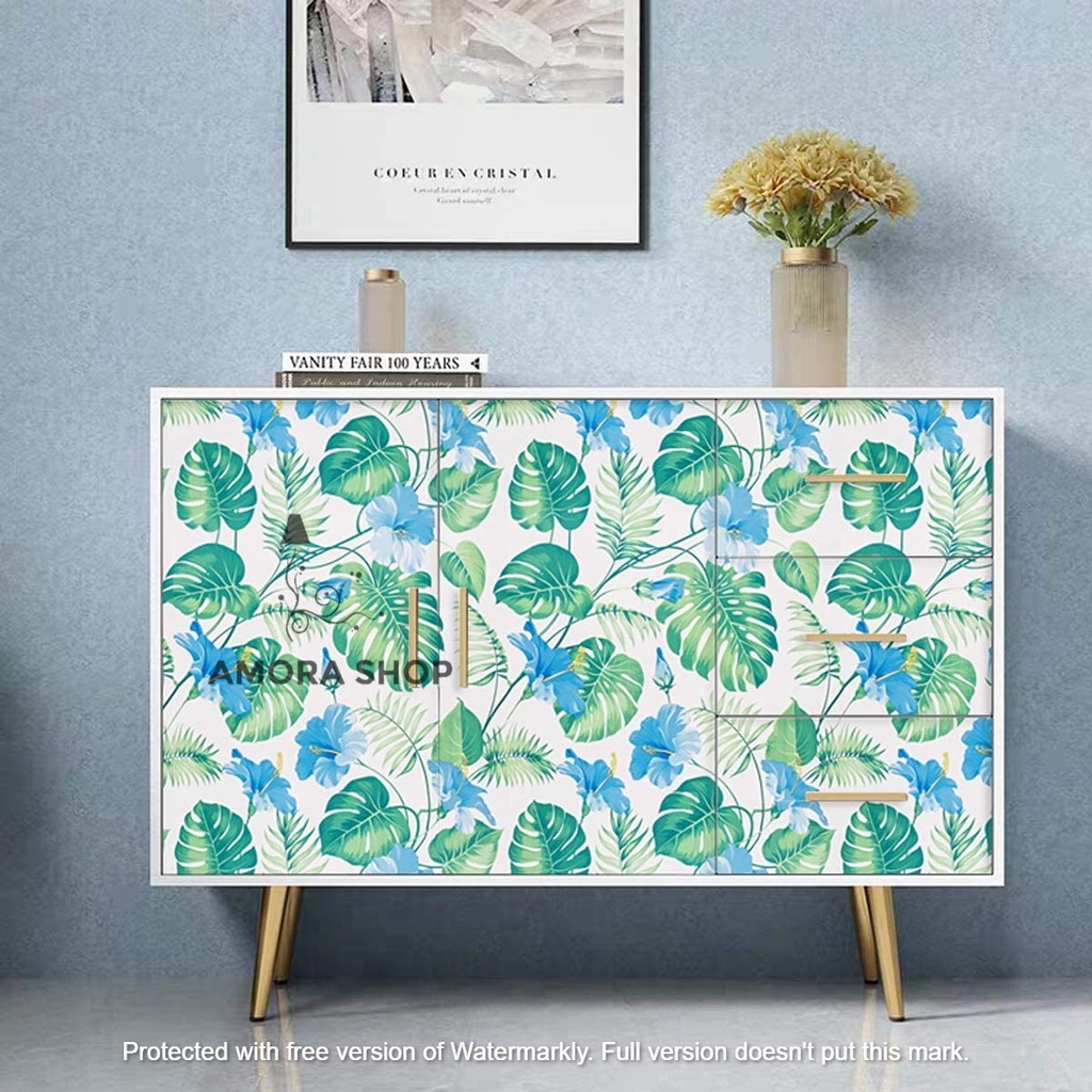 Wallpaper Stiker Dinding Monstera Biru Daun Hijau 9m s/d 10m x 45cm