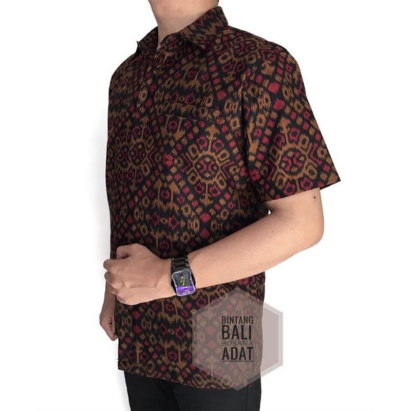 Kemeja Pria Etnik Motif Endek Bali Arjuna Lengan Pendek Batik Bali Hitam Merah
