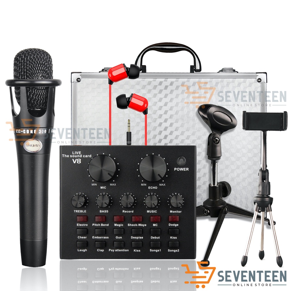Jual SEVENTEEN SOUND CARD V8 SET MICROPHONE STAND EARPHONE MIXER LIVE