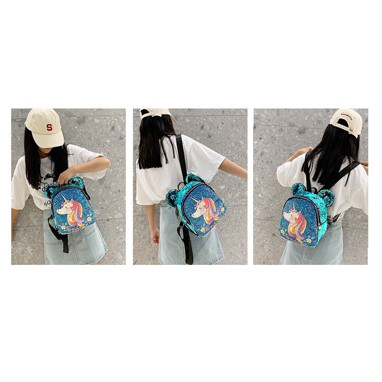 MARKAS MS1400 Tas Ransel Anak Sequin Glitter Karakter Unicorn Telinga Beruang