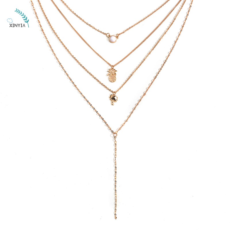 Ins Angin Kalung Empat Lapis Kalung Nanas Pohon Kelapa Rantai Klavikula Necklace