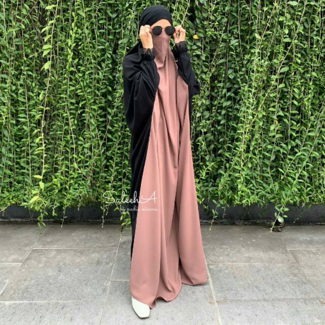 SALEEHA-FRENCH KHIMAR ABAYA TWOTONE WARNA COCOA JETBLACK
