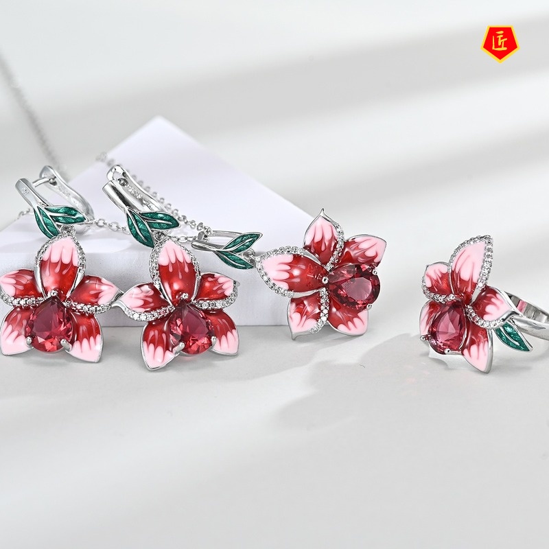 [Ready Stock]Ruby Pink Earring Ring Necklace Set for Women