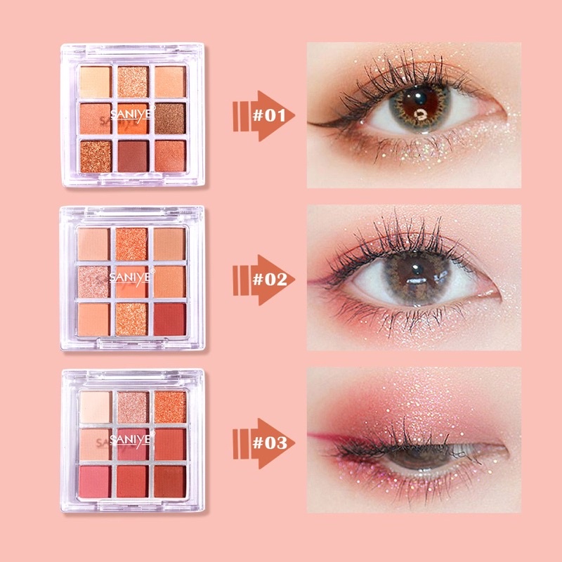 SANIYE E0924 Eyeshadow Palette Nude Glitter Waterproof Eye Shadow Eye Makeup 9 Warna