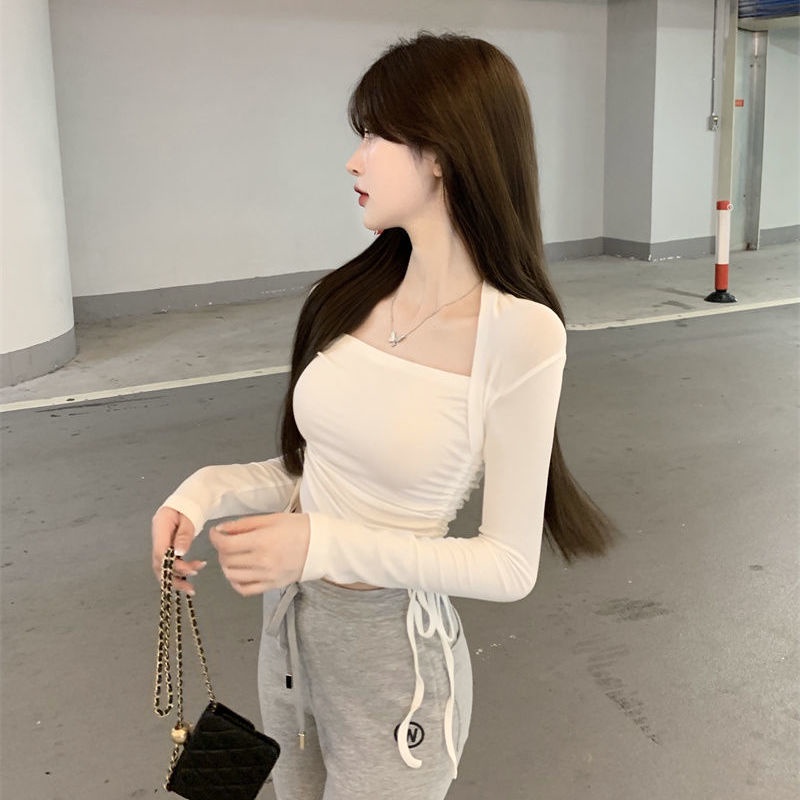 Qiu Chun Yufeng batin lengan panjang t-shirt pendek seksi ramping kerah persegi bottoming kemeja top