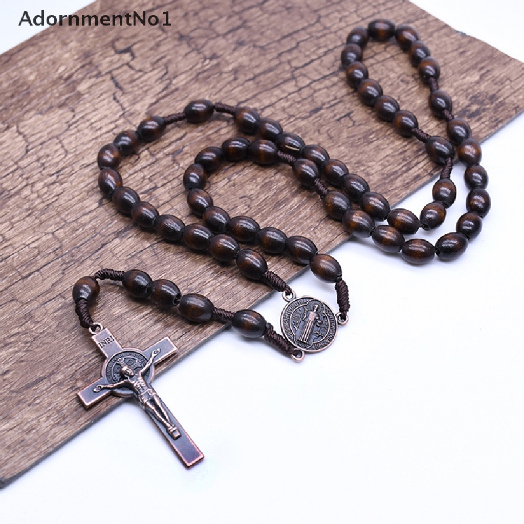 (AdornmentNo1) Kalung Rosario Katolik Manik Kayu Liontin Salib Yesus Gaya Vintage