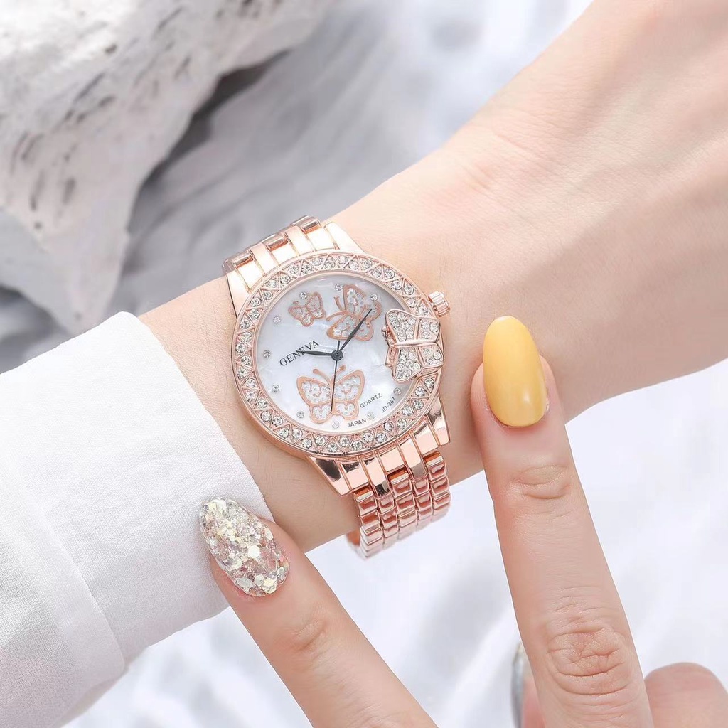 Rowling (Jam-27) Jam Tangan Wanita Bulat Besar Stainless Jam Tangan Wanita Quartz Kupu-Kupu Diamond dengan Strap Stainless Steel Import