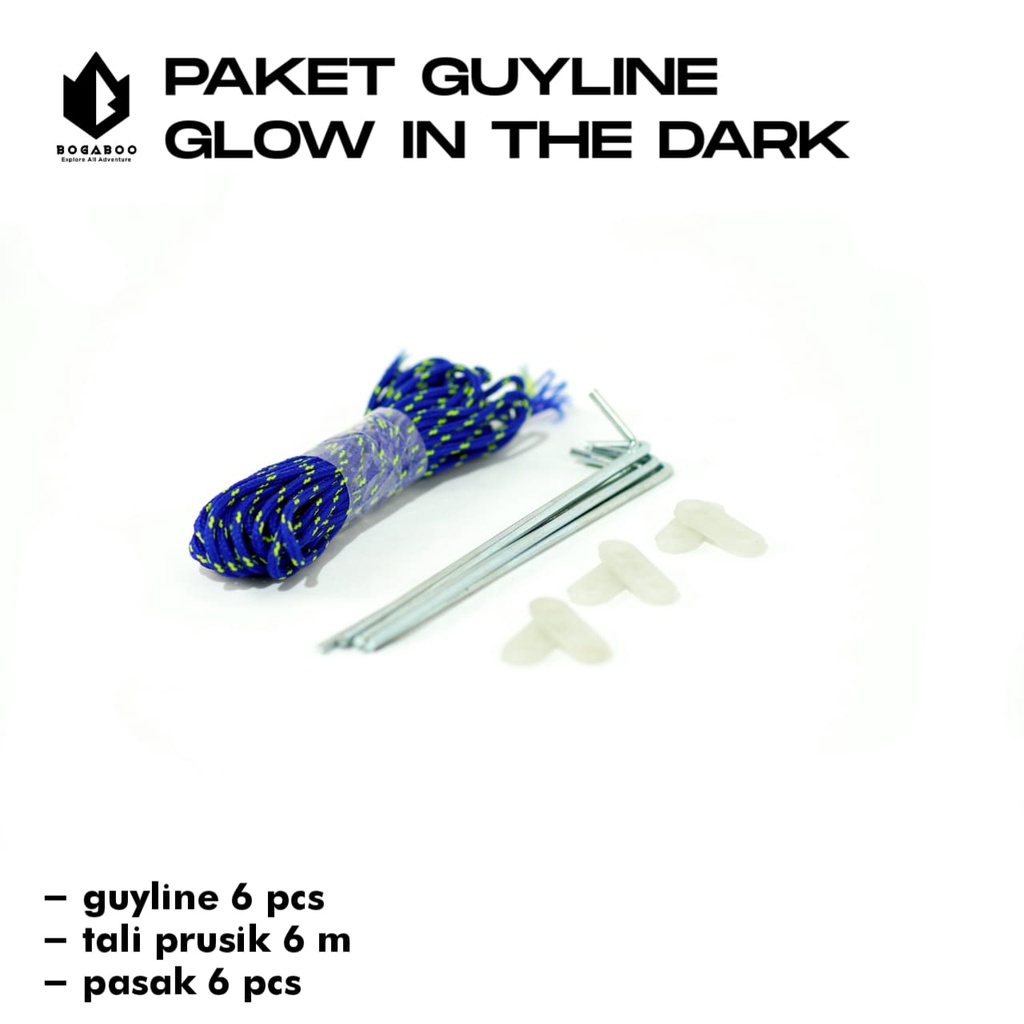 Bisa (COD) Paket Guyline Tebal 6 Pcs + Tali prusik 6 M +Pasak 6 pcs - Glow In The Dark ( Untuk Pengatur Tali Tenda/Flysheet )