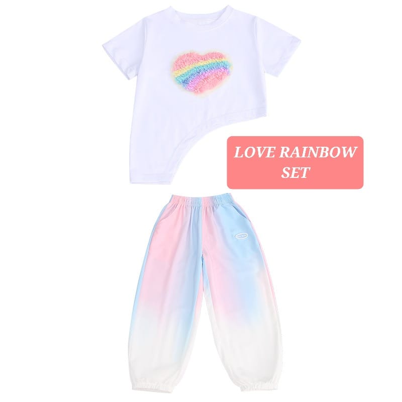 LOVE RAINBOW SET BAJU SETELAN KASUAL ANAK REMAJA PEREMPUAN KAOS CELANA JOGER KOREA IMPORT