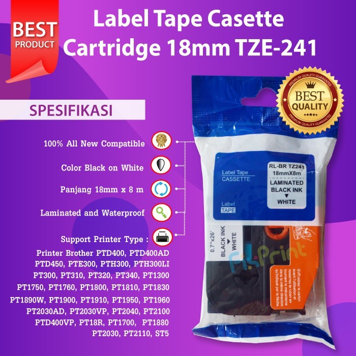 Label Tape TZE-241 18mm Black On White Brother PT-D600 2030 2430PC