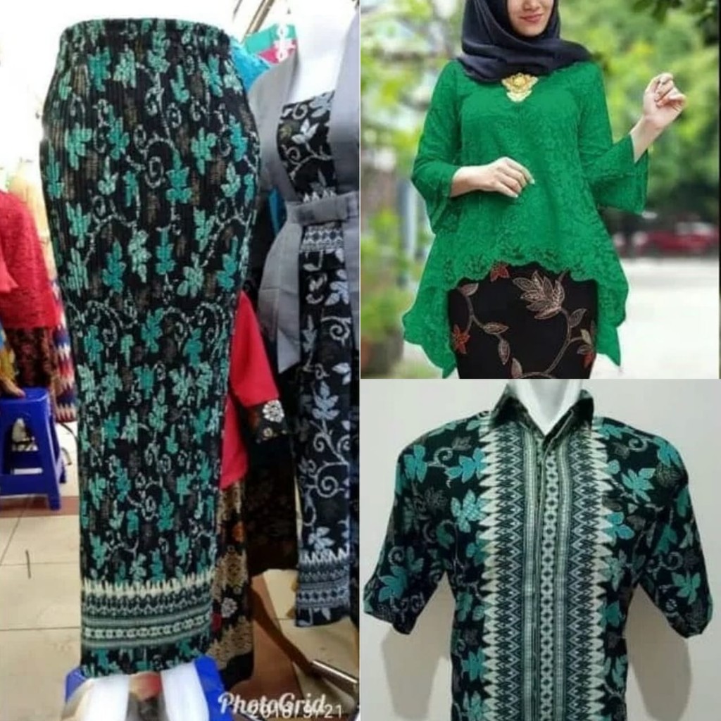 Rianti Batik Couple 3in1 Stelan kebaya dan Rok plisket dan Kemeja batik pria 3L-5L
