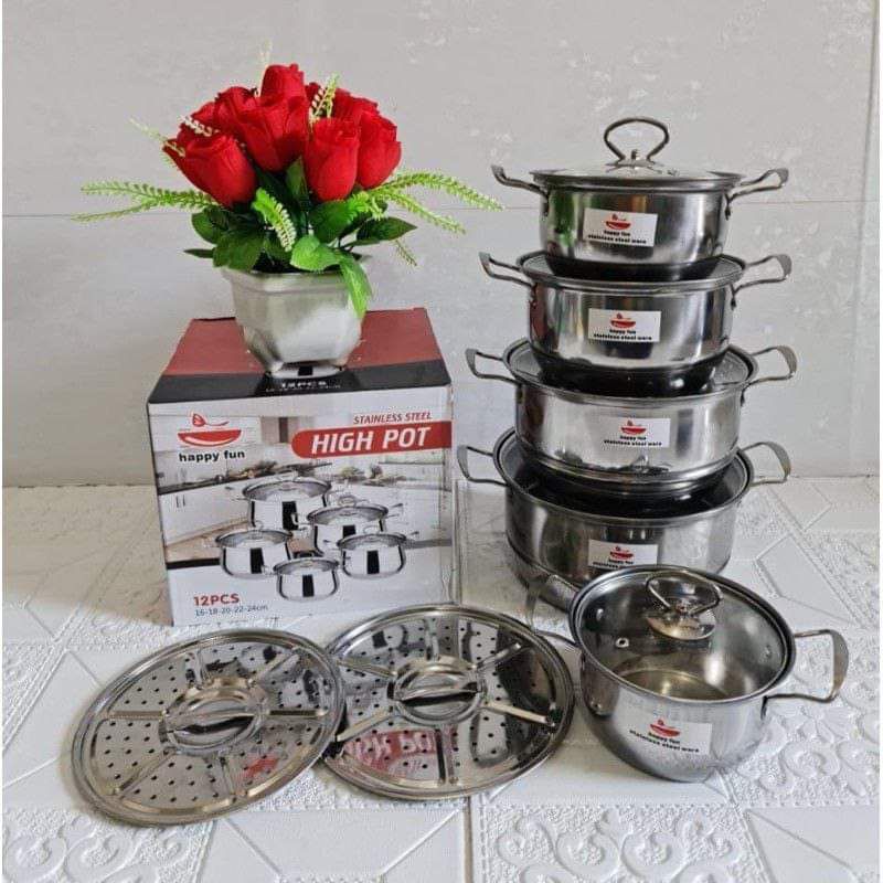 (COD) Panci High Pot Set Tutup Kaca / Panci Stainless Steel 12 Pcs / Panci Stainless Murah