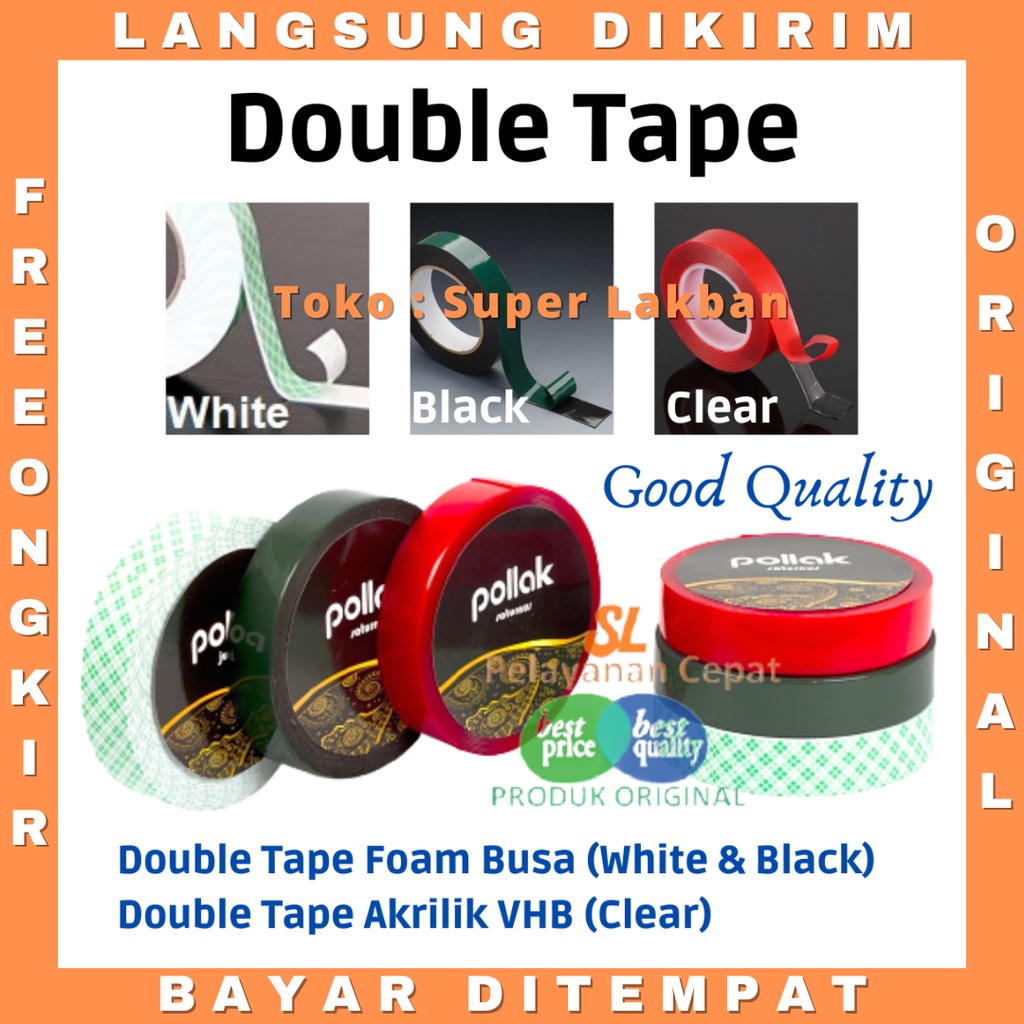 Double Tape Foam Busa 24mm X 5M Brand Pollak Bahan Perekat Berkualitas Foam Hitam dan Putih