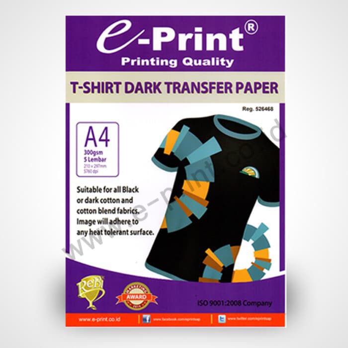 E-Print Kertas Sablon T-Shirt Dark Transfer Paper A4 isi 5 lembar