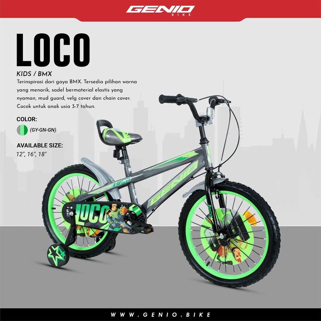 Sepeda Anak Cowok Roda 4 BMX Mini Genio Loco 12 16 18 inch SNI Garansi By dari pabrik resmi dan garansi free jasa service seumur hidup-Grey Green