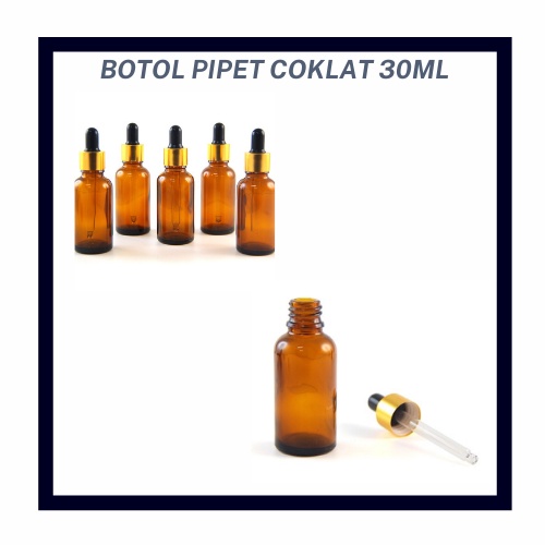 DISKON BOTOL KACA PIPET 30 ML COKLAT TEBAL - RING GOLD / KARET HITAM - TEMPAT SERUM KECANTIKAN