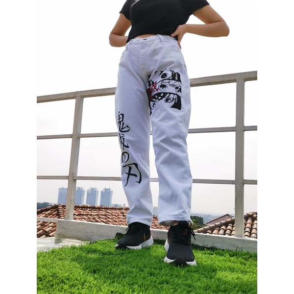 Celana Jeans wanita highwaist kulot putih demon slayer (hand painted jeans)
