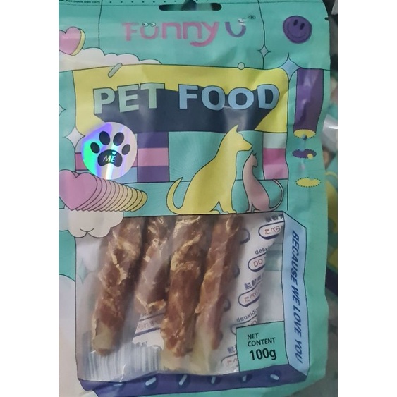 Pet Snack Anjing Kucing Makanan Rawhide dengan Daging 1 pak 100 gram