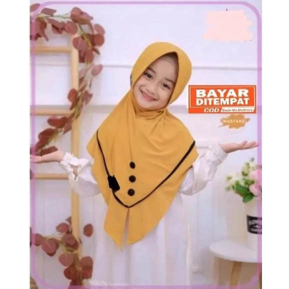 kerudung instan jersey bergo anak perempuan umur 3-8 tahun bahan jersey hyget jumbo motif list kancing tali serut ped antem terbaru