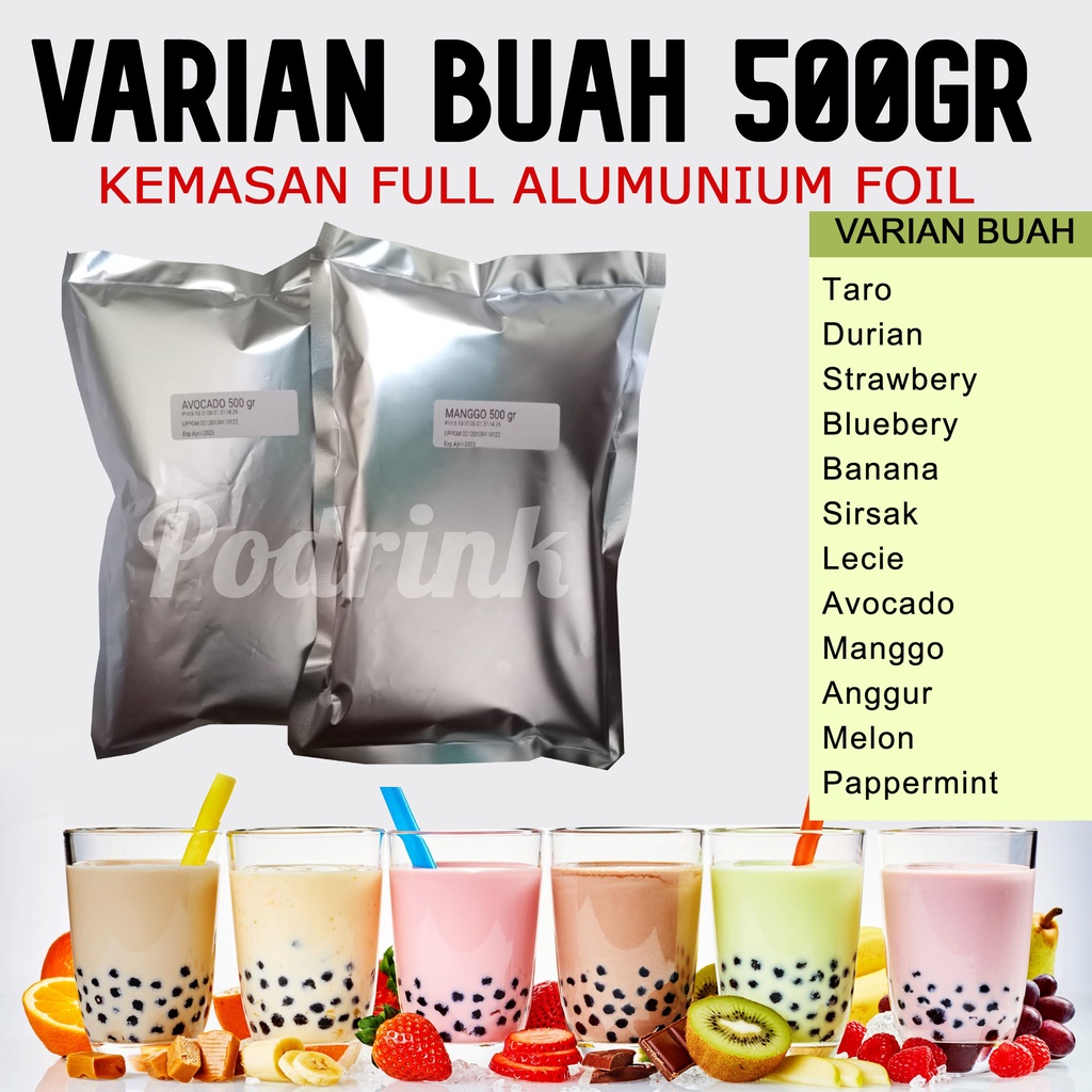 

Bubuk Minuman 500gr Murah Varian Buah Untuk Boba, Esblend, Jellydrink dsb (mix gula)