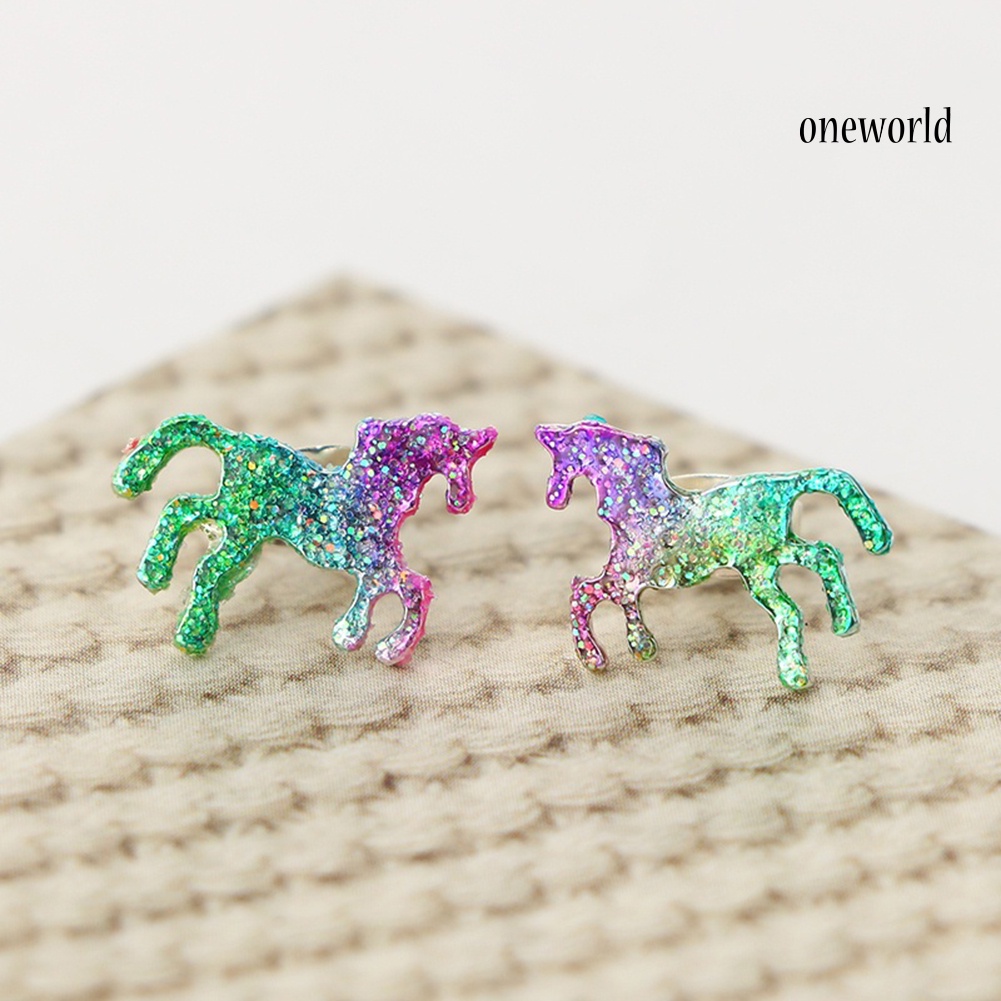 OW@ Colorful Unicorn Stud Earrings Shiny Horse Stud Earrings Women Charm Jewelry