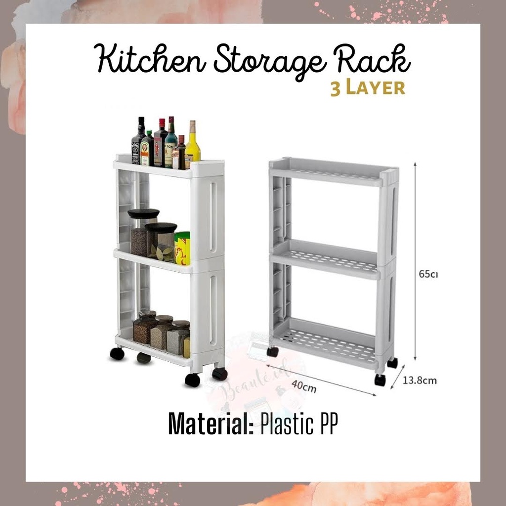 Rak Susun 3 Tingkat Laci Penyimpanan Barang Serbaguna Berkualitas Dengan Roda Bumbu Masak Dapur Sabun Cuci Pinggir Mesin Cuci Minimalis Kuat Tebal Organizer Storage Rack Tray 3 Layer