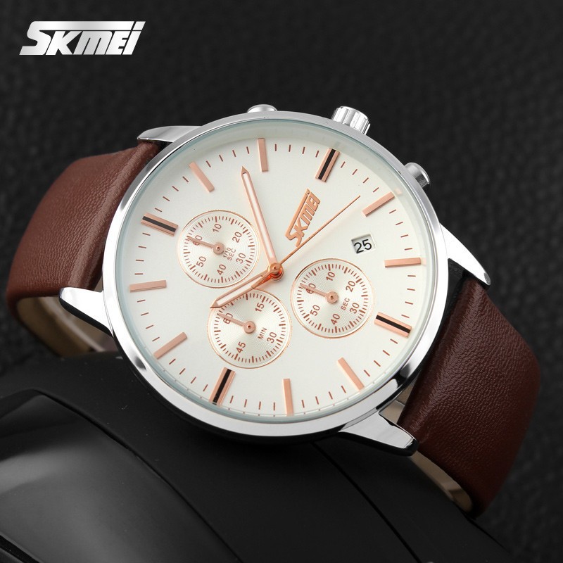 SKMEI 9103 Jam Tangan Pria Analog Chronograph Tali Kulit WATCHKITE WKOS