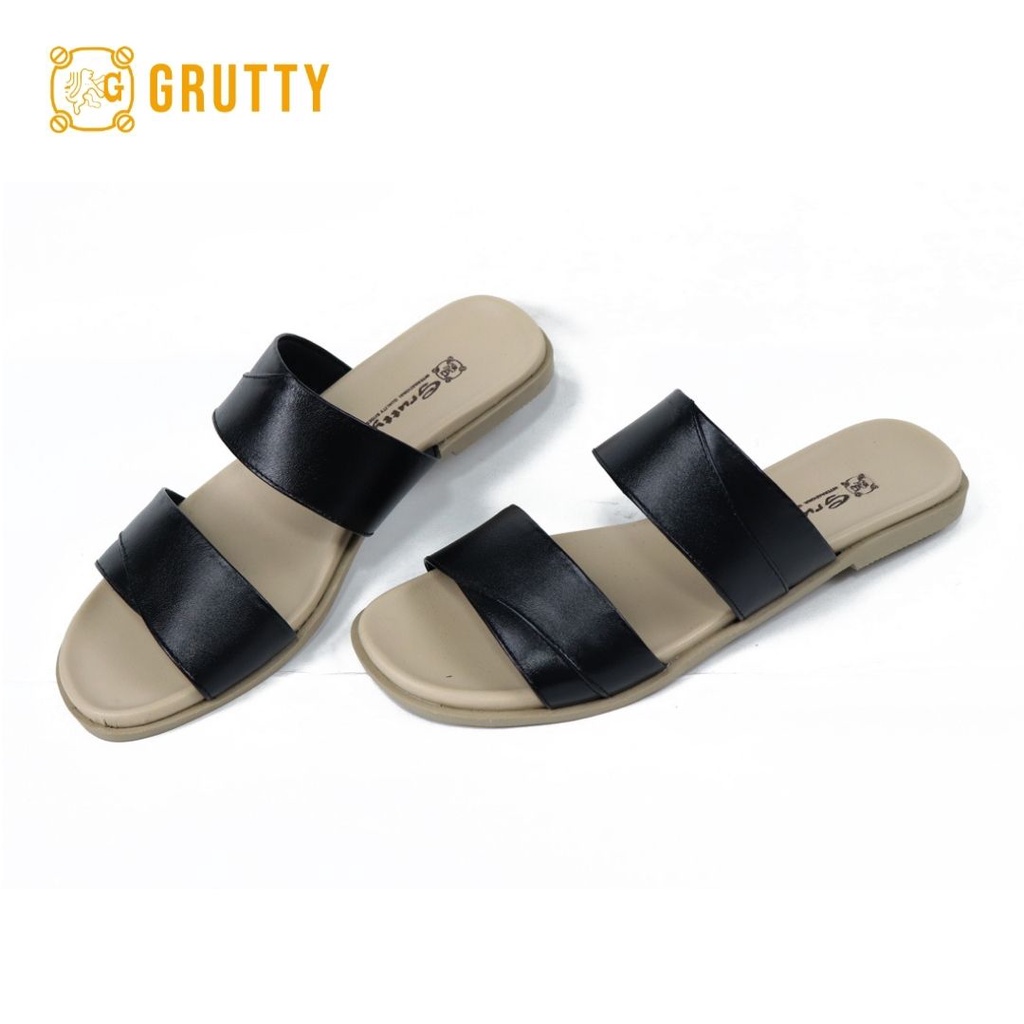 Sandal Wanita Kulit Slide Sandal Flat Grutty DD122 Hitam Tan