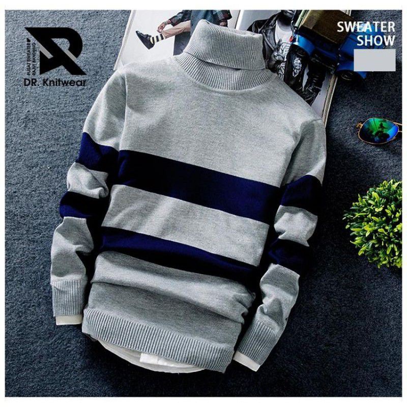 Sweater Hoodie Turtleneck Rajut Pria Sweater Strip